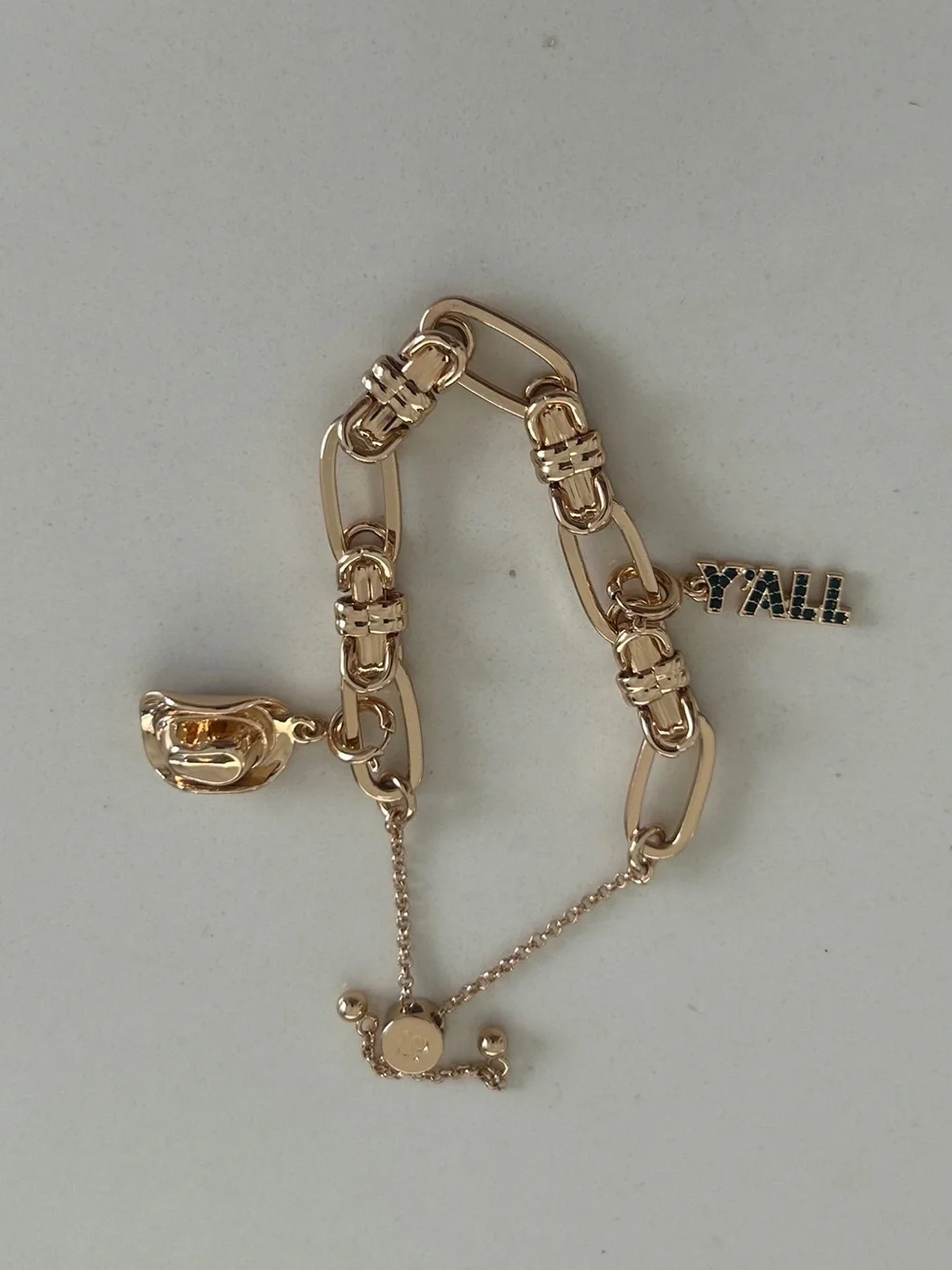 Bomb Party Gold Tone Link Bracelet with removable Cowboy Hat & Y’ALL Charm NEW - Picture 4 of 4